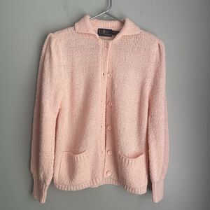 VTG LeRoy Knitwear Cardigan Peach Women's M Pleated Shoulders/Pads Grandmacore